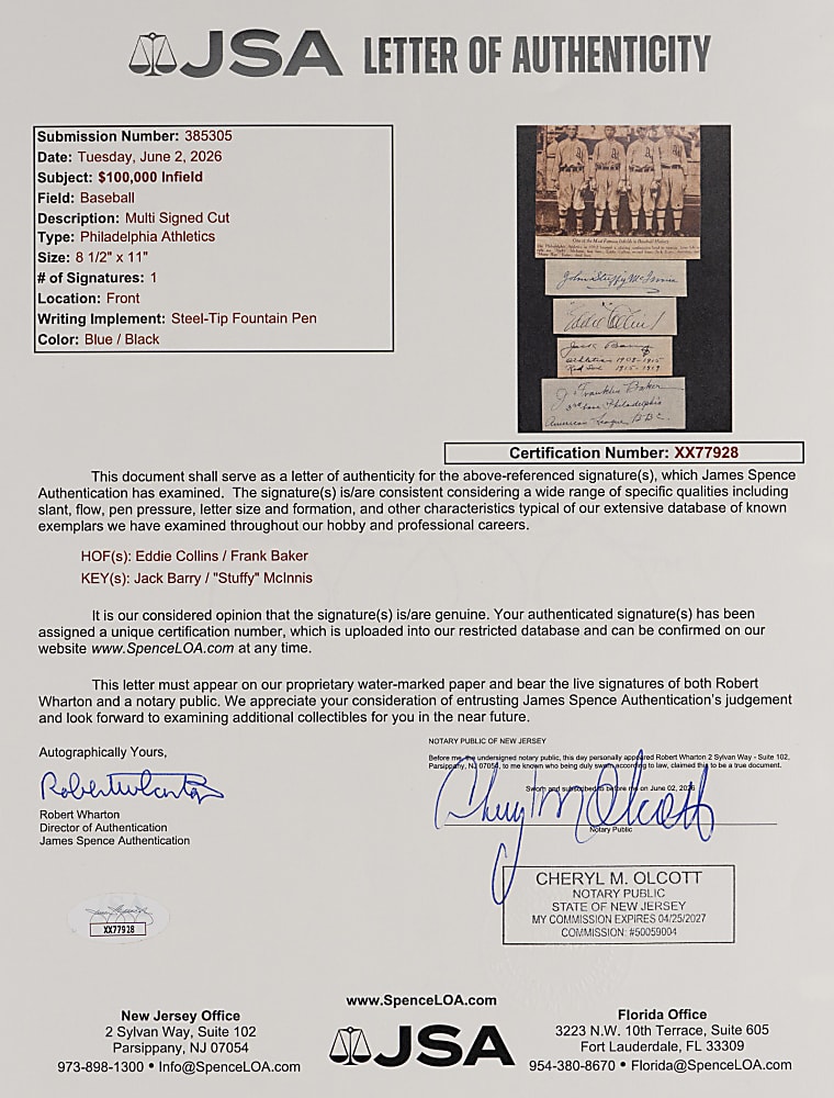 Philadelphia Athletics "$100,000 Infield" Cut Signature Display with Eddie Collins, Frank Baker, Stuffy McInnis, and Jack Barry - JSA