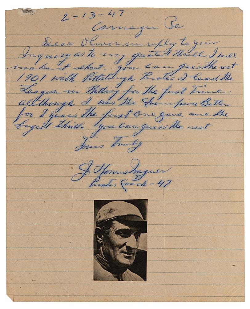 1947 J. Honus Wagner "Most Thrilling Experience" Handwritten and Signed Letter - 1901 Batting Champion - Full JSA LOA