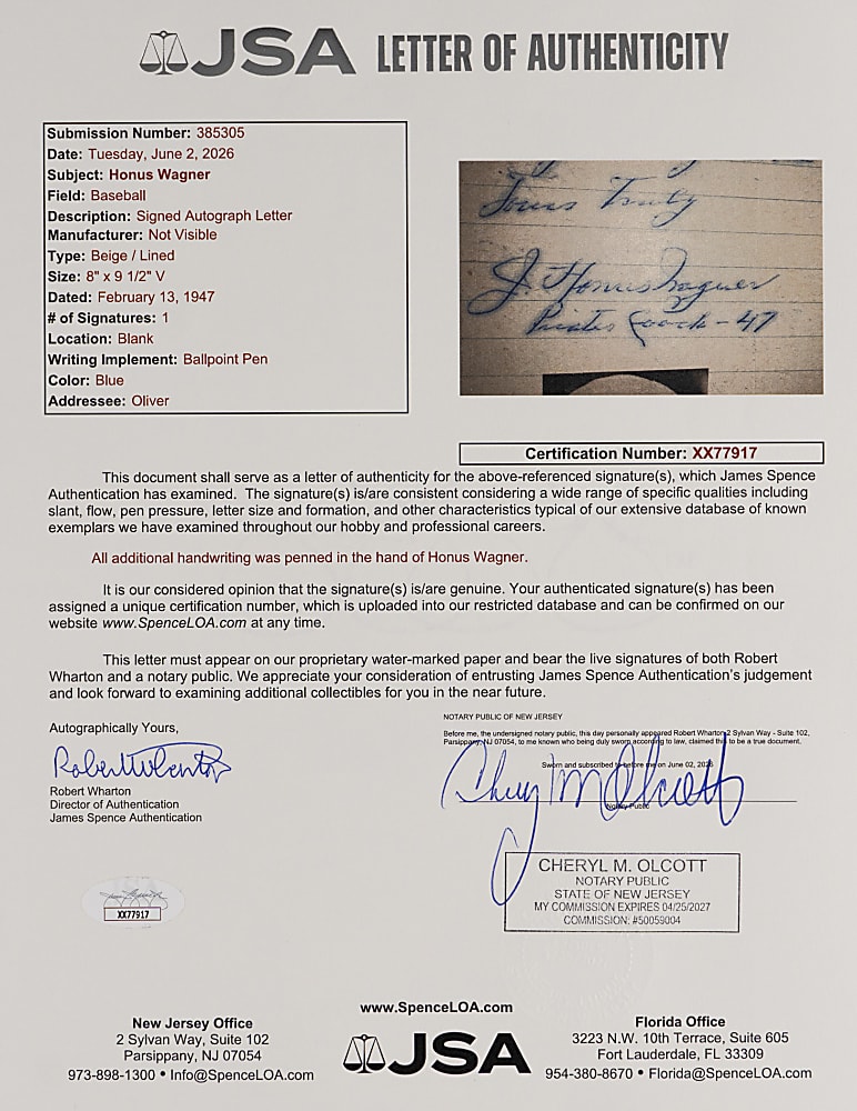 1947 J. Honus Wagner "Most Thrilling Experience" Handwritten and Signed Letter - 1901 Batting Champion - Full JSA LOA