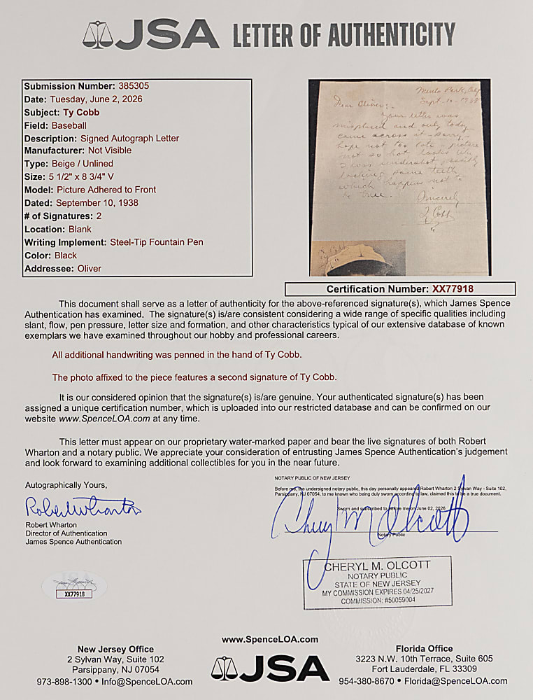 1938 Ty Cobb Handwritten and Signed Letter with Mounted and Signed Cobb Newspaper Cut - (2) Total Ty Cobb Signatures with Full JSA