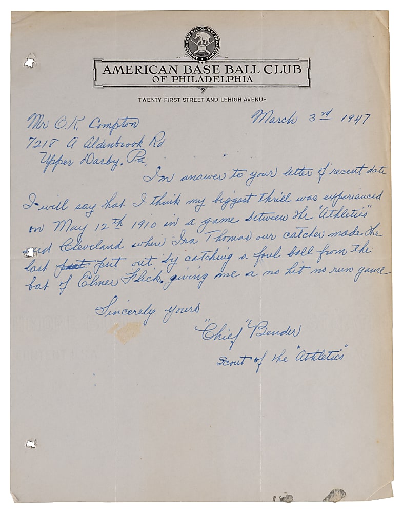1947 "Chief" Bender "Most Thrilling Experience" Handwritten and Signed Letter - 1910 No-Hitter Against Cleveland with Full JSA