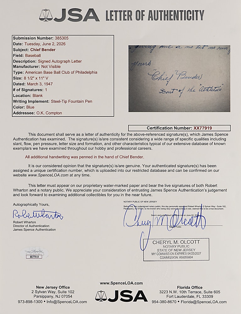 1947 "Chief" Bender "Most Thrilling Experience" Handwritten and Signed Letter - 1910 No-Hitter Against Cleveland with Full JSA