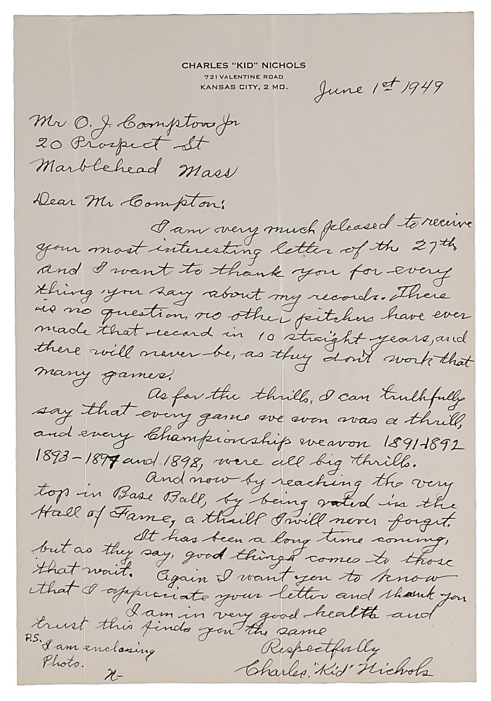 1949 Charles "Kid" Nichols Handwritten and Signed "Most Thrilling Experience" Letter - Championships and Hall of Fame - Full JSA