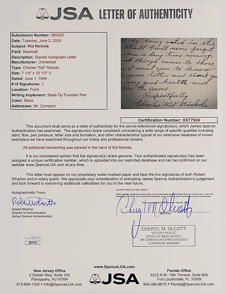 1949 Charles "Kid" Nichols Handwritten and Signed "Most Thrilling Experience" Letter - Championships and Hall of Fame - Full JSA