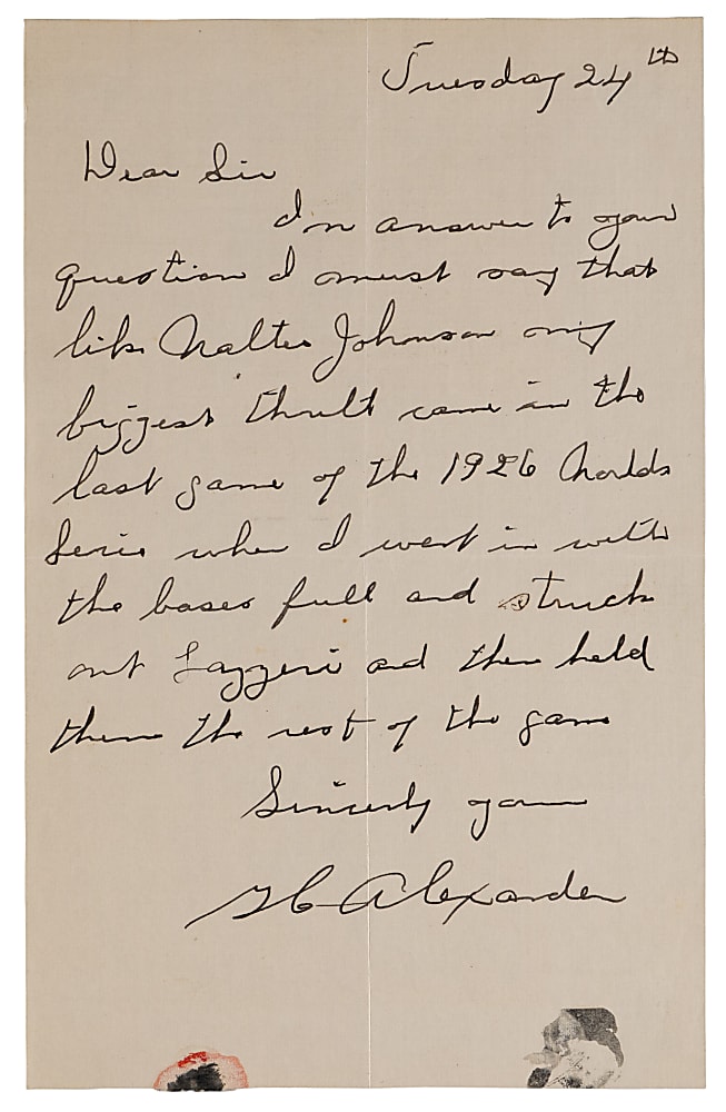 Grover Cleveland Alexander Handwritten and Signed "Most Thrilling Experience" Letter - 1926 World Series Victory - JSA