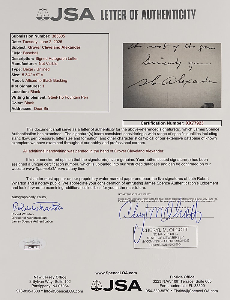 Grover Cleveland Alexander Handwritten and Signed "Most Thrilling Experience" Letter - 1926 World Series Victory - JSA