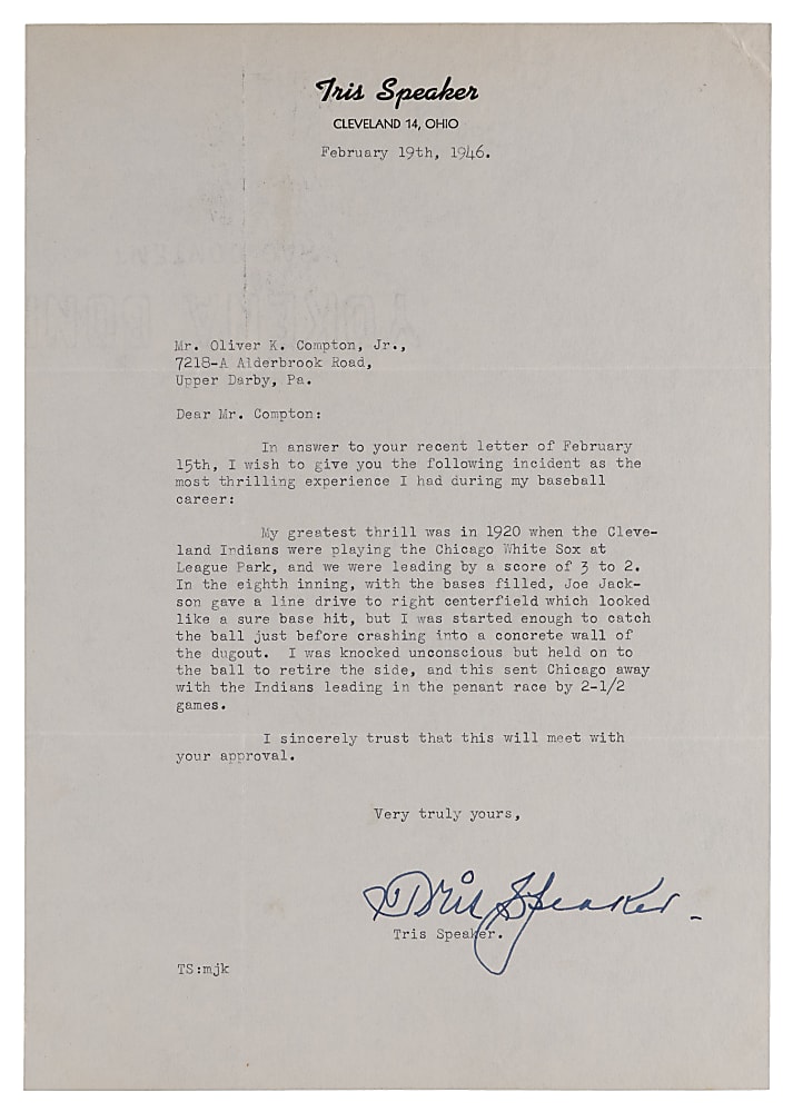 1946 Tris Speaker Signed Typewritten "Most Thrilling Experience" Letter - 1920 World Series Joe Jackson Putout - Full JSA LOA
