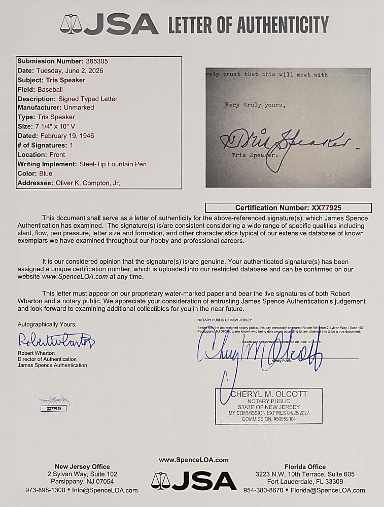 1946 Tris Speaker Signed Typewritten "Most Thrilling Experience" Letter - 1920 World Series Joe Jackson Putout - Full JSA LOA