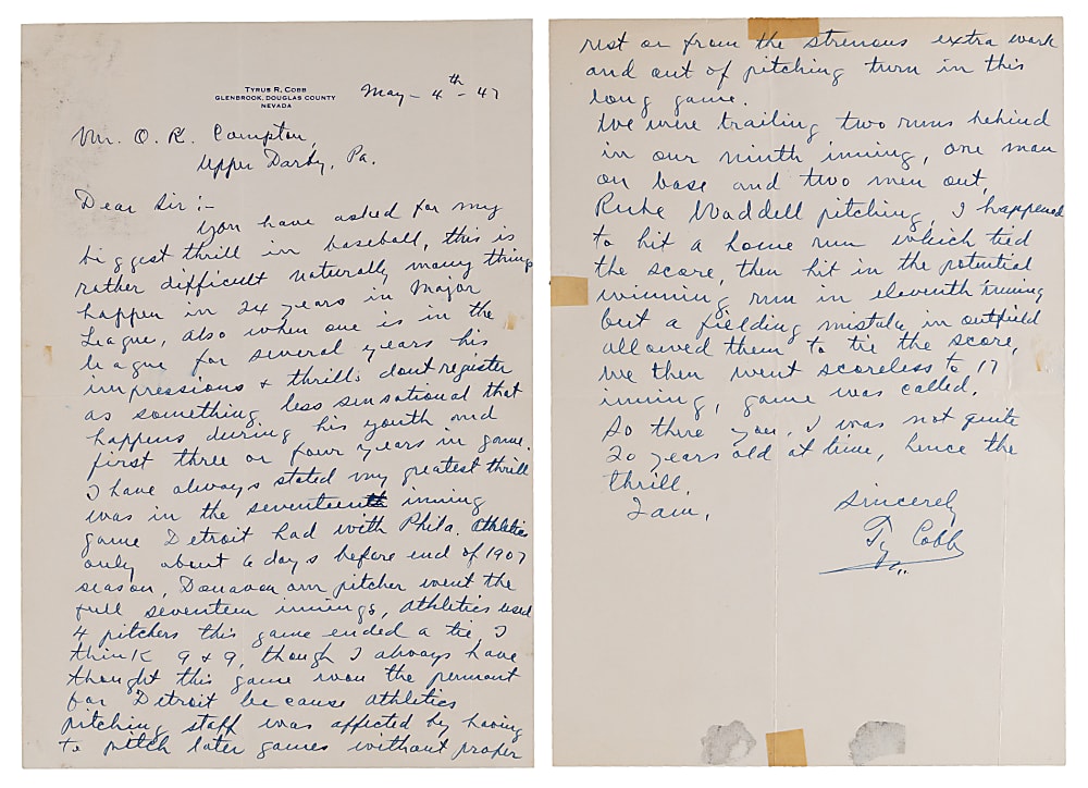 1947 Ty Cobb Handwritten and Signed "Most Thrilling Experience" Two Page Letter - 1907 Home Run in 17-Inning Game - JSA
