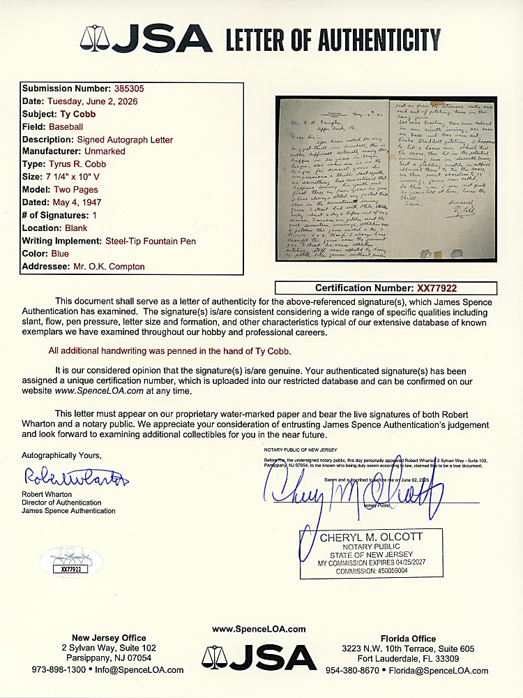 1947 Ty Cobb Handwritten and Signed "Most Thrilling Experience" Two Page Letter - 1907 Home Run in 17-Inning Game - JSA