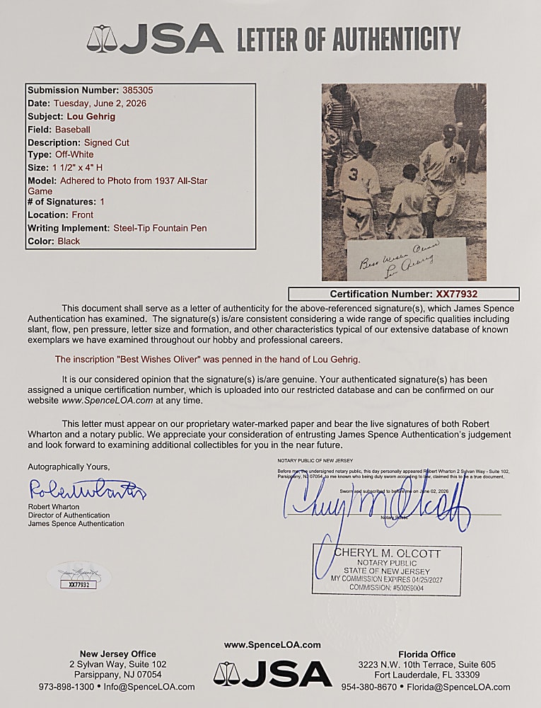 Lou Gehrig Cut Signature with Full JSA