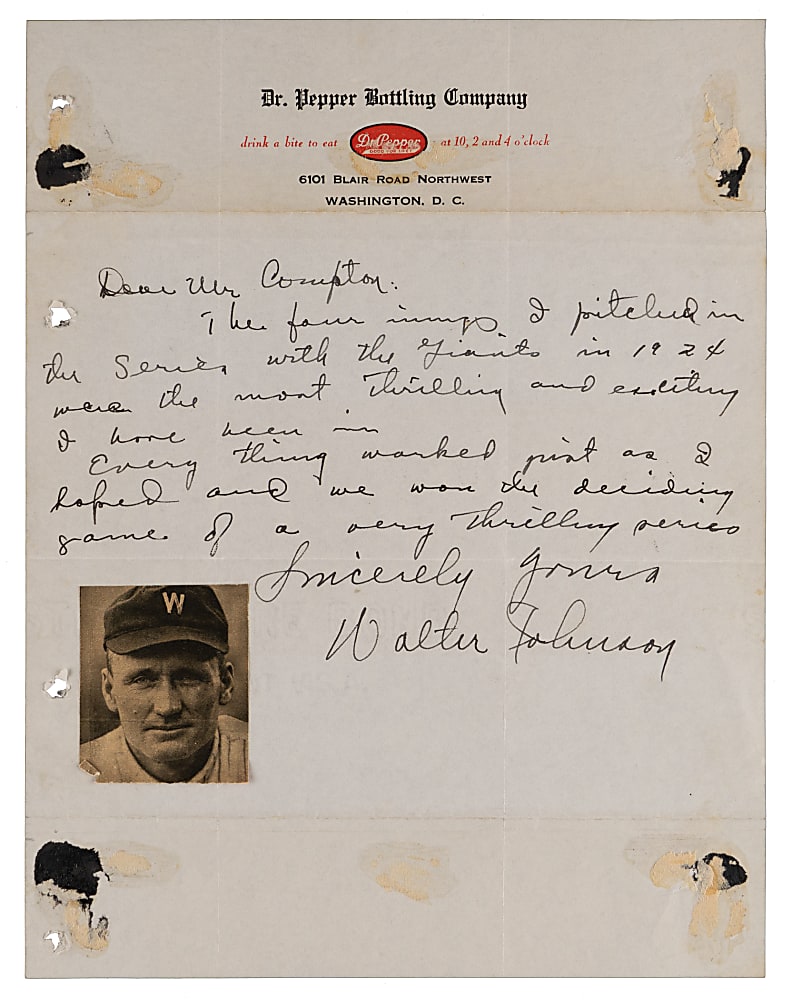 Walter Johnson Handwritten and Signed "Most Thrilling Experience" on Dr. Pepper Bottling Company Letterhead - 1924 World Series - Full JSA LOA