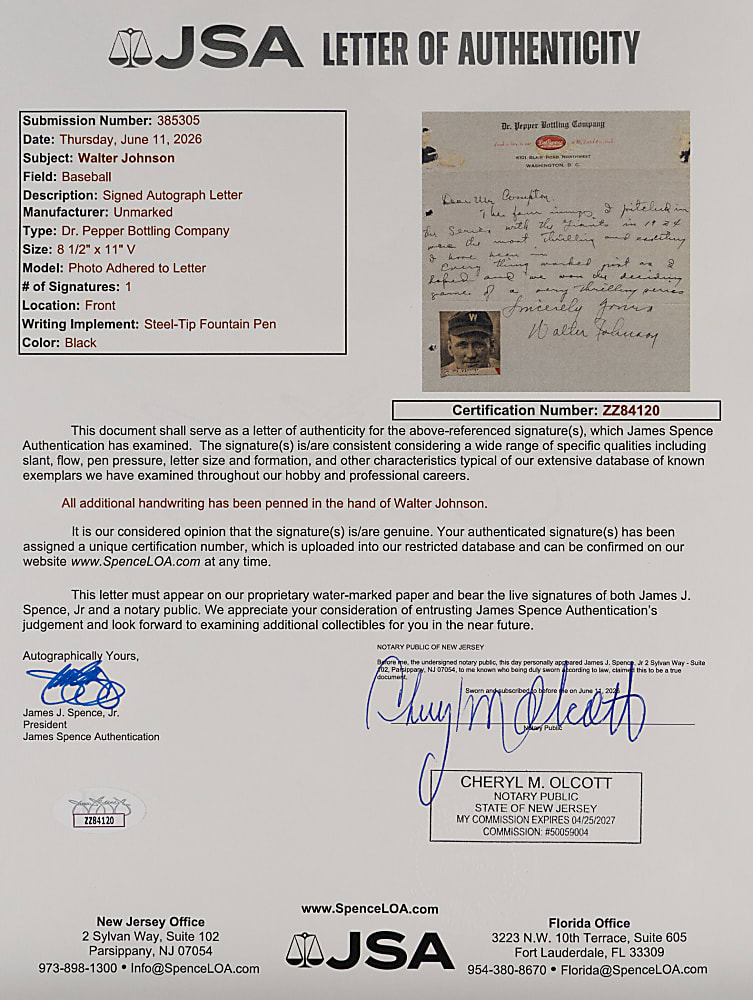 Walter Johnson Handwritten and Signed "Most Thrilling Experience" on Dr. Pepper Bottling Company Letterhead - 1924 World Series - Full JSA LOA