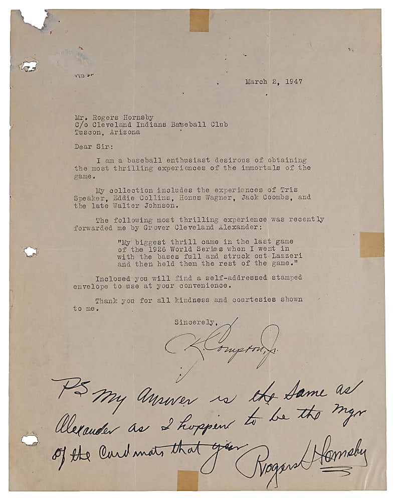 1947 Rogers Hornsby Handwritten and Signed Letter - 1926 World Series Victory - Full JSA LOA