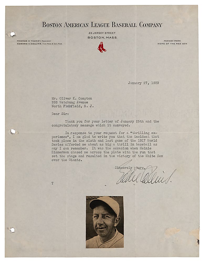 1939 Eddie Collins Signed Typewritten "Most Thrilling Experience" Letter on Boston Red Sox Letterhead - 1917 World Series Victory - Full JSA LOA