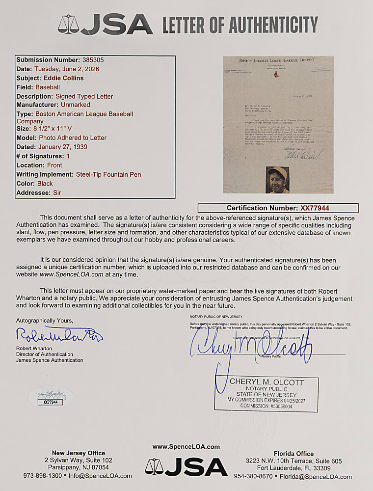 1939 Eddie Collins Signed Typewritten "Most Thrilling Experience" Letter on Boston Red Sox Letterhead - 1917 World Series Victory - Full JSA LOA