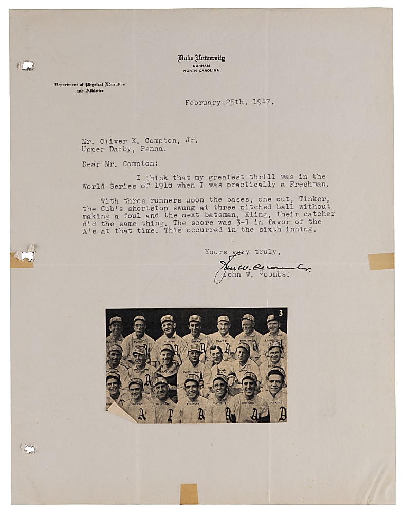 1947 John Coombs Signed Typewritten "Most Thrilling Experience" Letter - 1910 World Series Victory - Full JSA