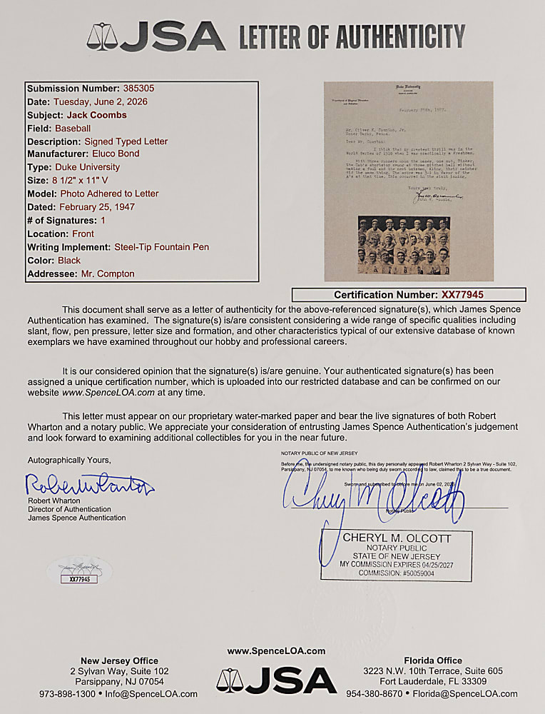 1947 John Coombs Signed Typewritten "Most Thrilling Experience" Letter - 1910 World Series Victory - Full JSA