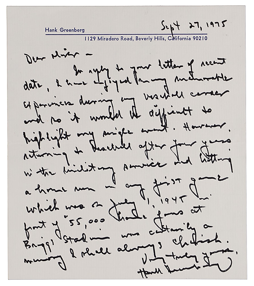 1975 Hank Greenberg Handwritten and Signed "Most Thrilling Experience" Letter - Home Run in First Game Back from Military - JSA