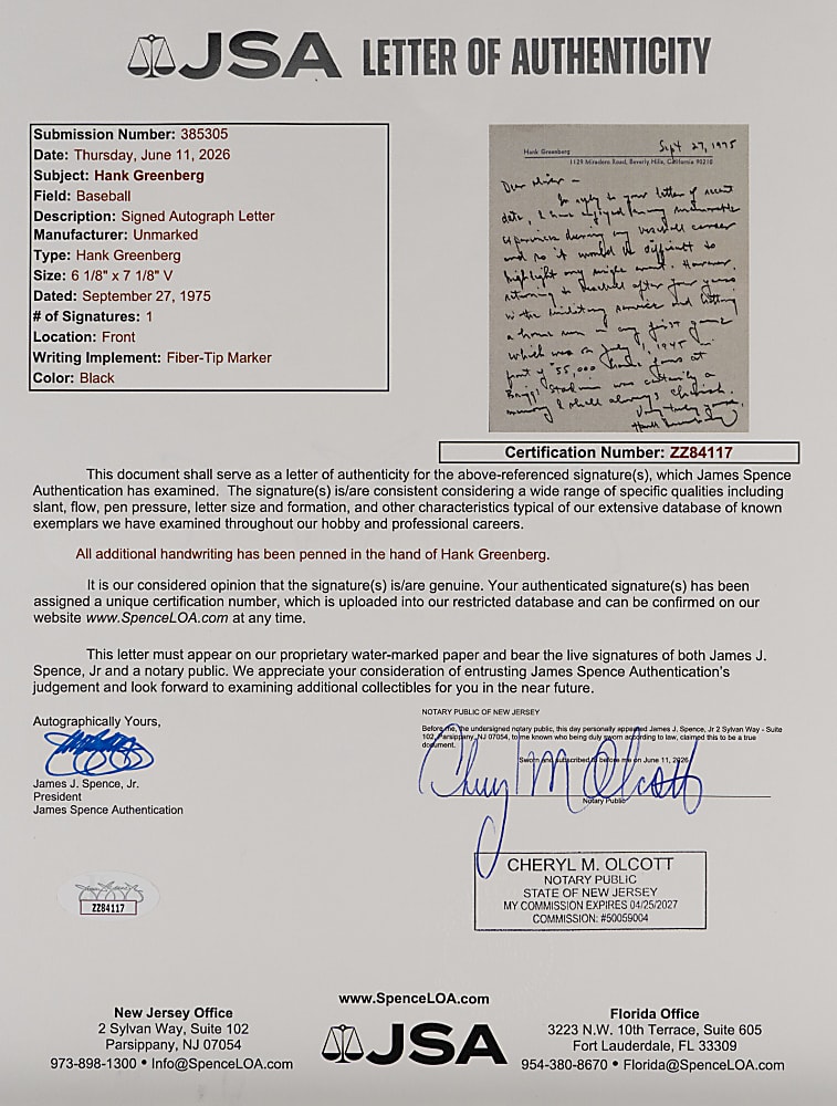 1975 Hank Greenberg Handwritten and Signed "Most Thrilling Experience" Letter - Home Run in First Game Back from Military - JSA