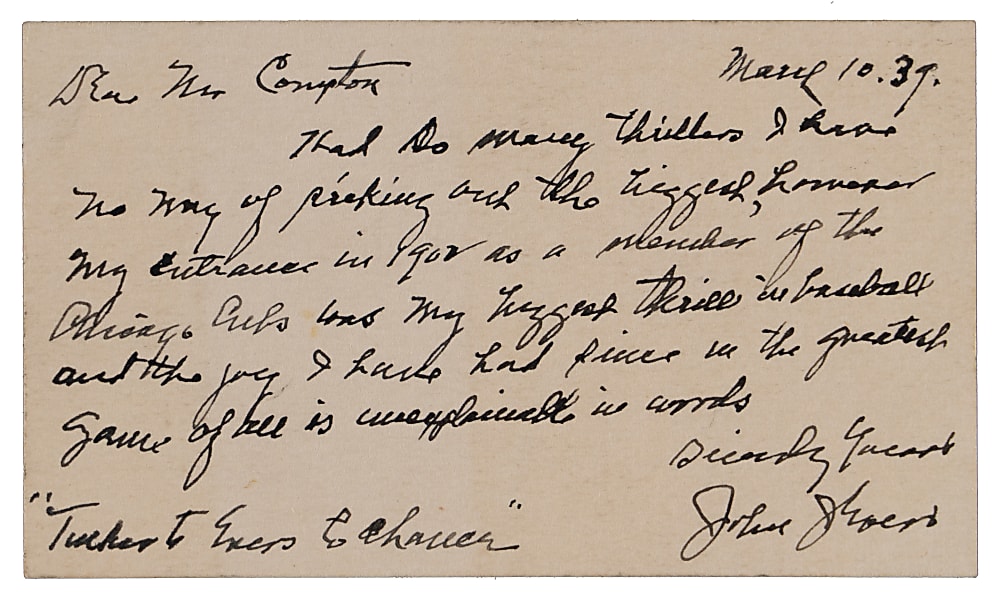 1939 Johnny Evers Handwritten and Signed "Most Thrilling Experience" Letter - 1902 Chicago Cubs Rookie Debut - Full JSA