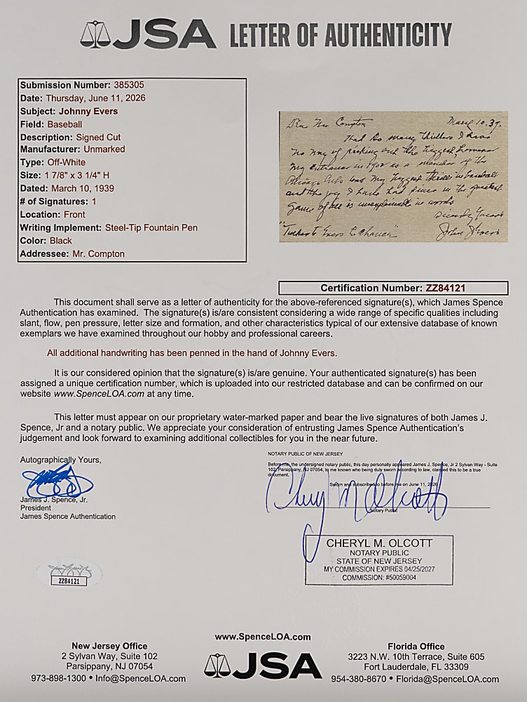 1939 Johnny Evers Handwritten and Signed "Most Thrilling Experience" Letter - 1902 Chicago Cubs Rookie Debut - Full JSA