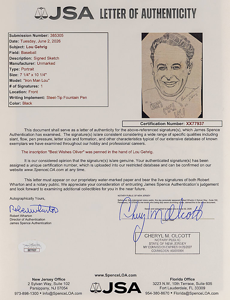 Lou Gehrig Signed Original Pencil Portrait Sketch - Full JSA LOA