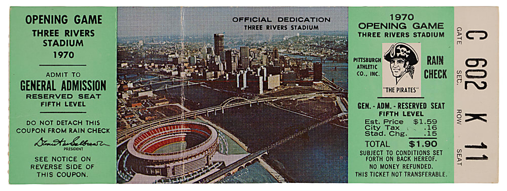 July 16, 1970 Pittsburgh Pirates vs. Cincinnati Reds Full Ticket - Inaugural Game Three Rivers Stadium/Tony Perez & Willie Stargell Home Runs!