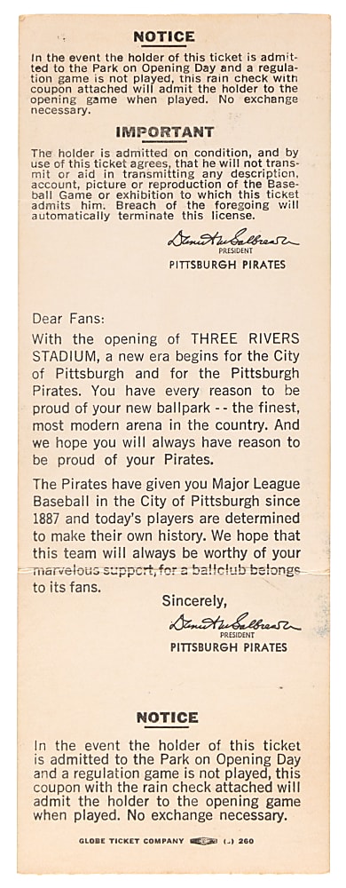July 16, 1970 Pittsburgh Pirates vs. Cincinnati Reds Full Ticket - Inaugural Game Three Rivers Stadium/Tony Perez & Willie Stargell Home Runs!