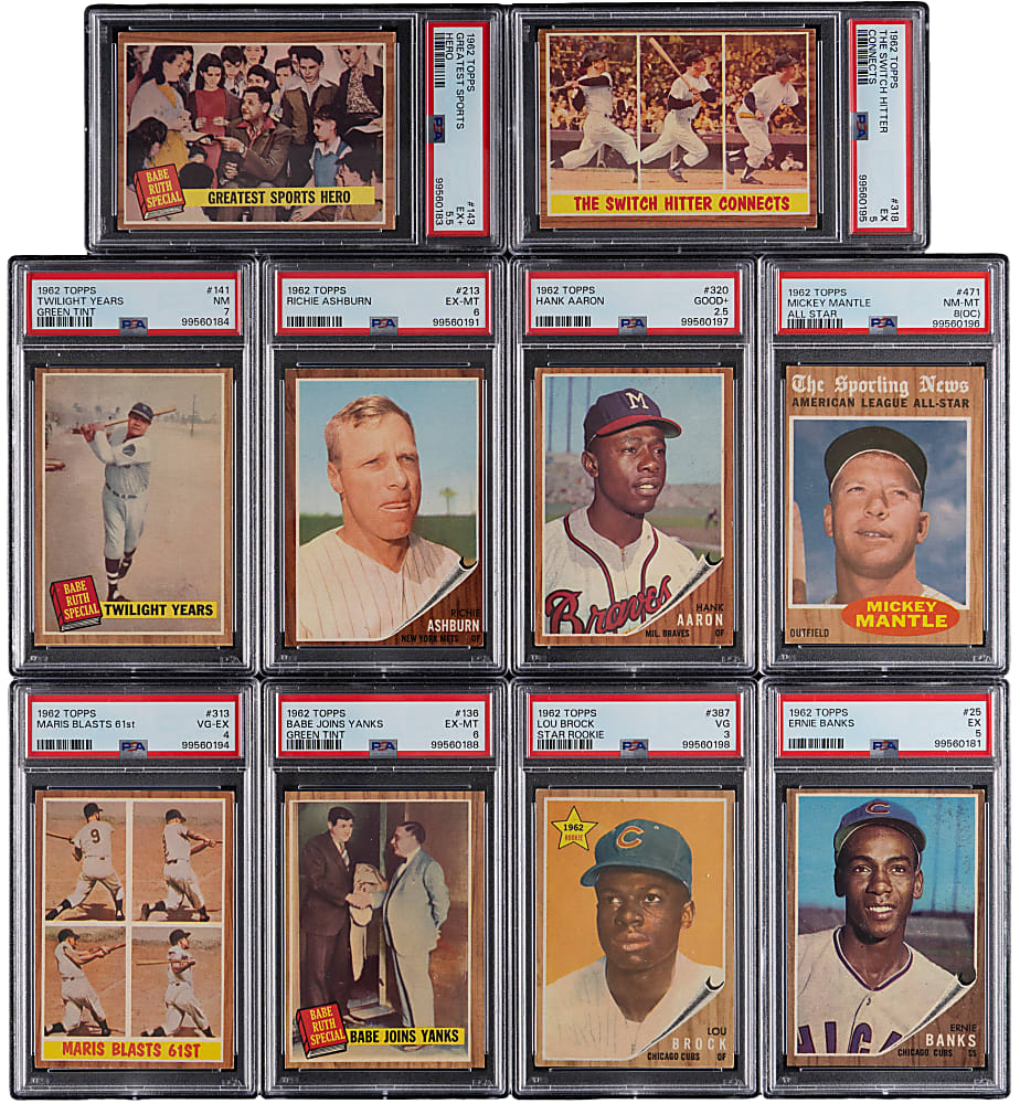 1962 Topps Hall of Famer PSA Graded Collection (10) with Aaron, Brock Rookie & Mantle