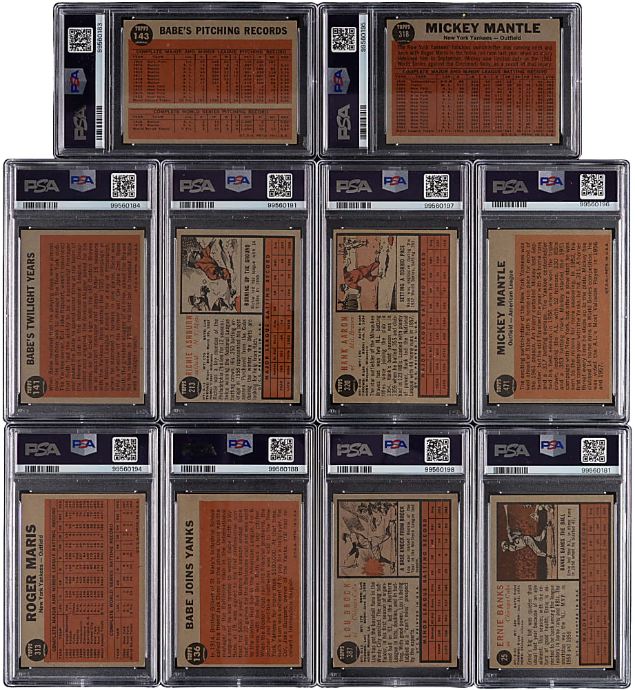 1962 Topps Hall of Famer PSA Graded Collection (10) with Aaron, Brock Rookie & Mantle
