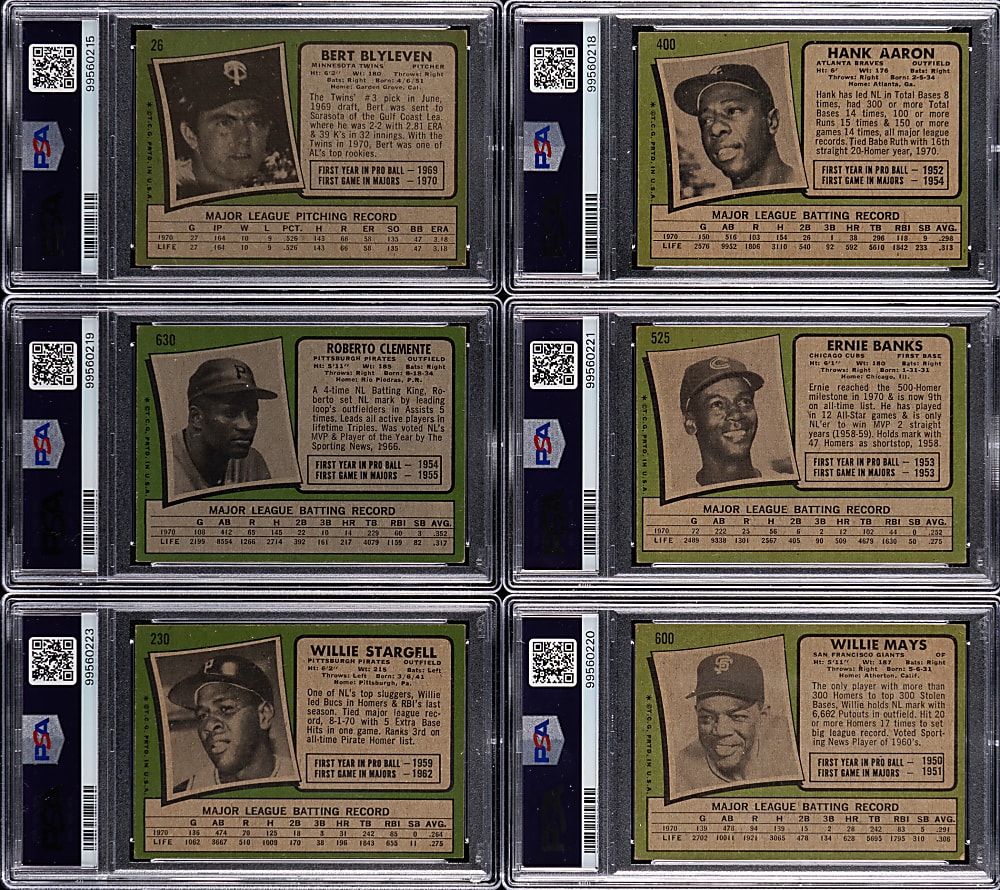 1971 Topps Hall of Fame PSA Graded (6) with Aaron, Clemente & Mays