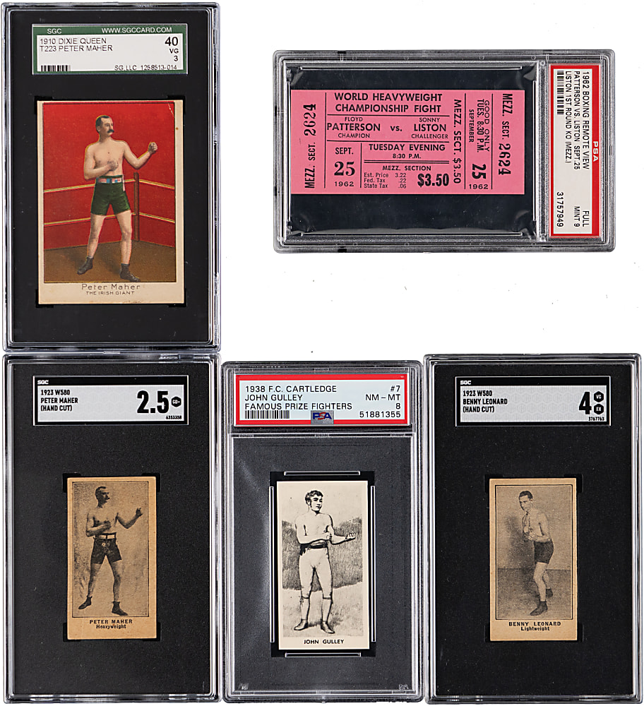 1910-1962 Graded Boxing Collection (5) with 1962 Liston/Patterson Full Ticket & (4) Cards