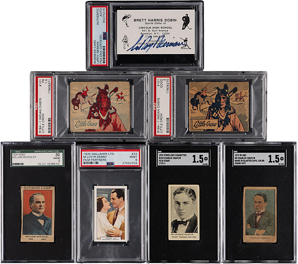 1919-1960s Non-Sport Collection (7) with (2) Charlie Chaplin & Leroy Neiman Signed Business Card - All PSA/SGC Graded