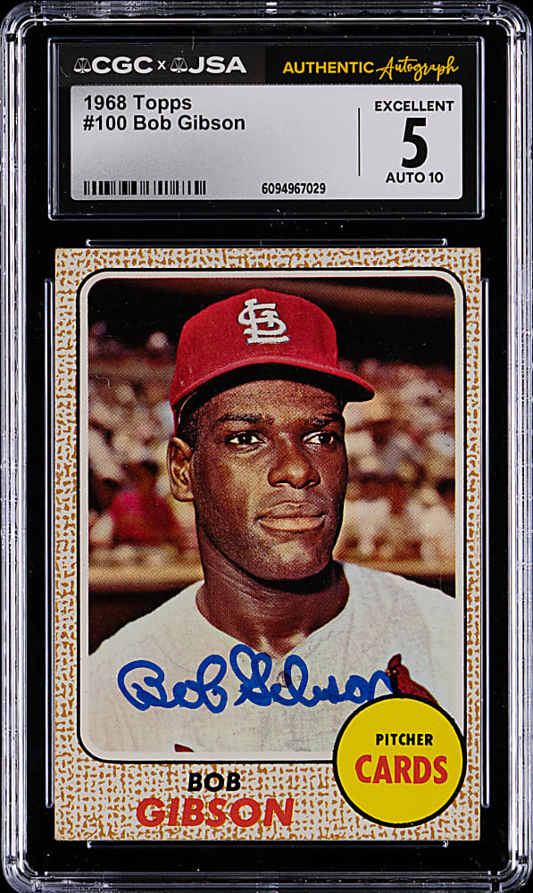 Signed 1968 Topps #100 Bob Gibson CGC/JSA Excellent 5 with Auto 10 Grade
