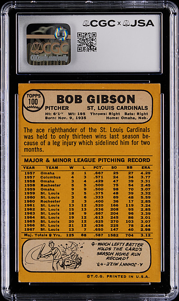 Signed 1968 Topps #100 Bob Gibson CGC/JSA Excellent 5 with Auto 10 Grade