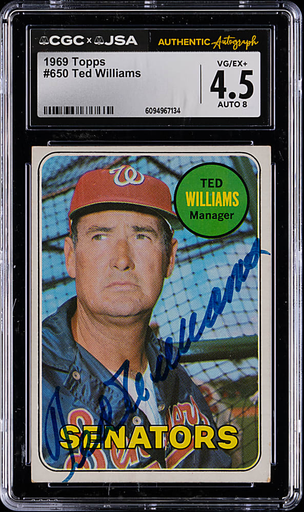 1969 Topps #650 Ted Williams CGC/JSA VG/EX+ 4.5 with Auto Grade 8