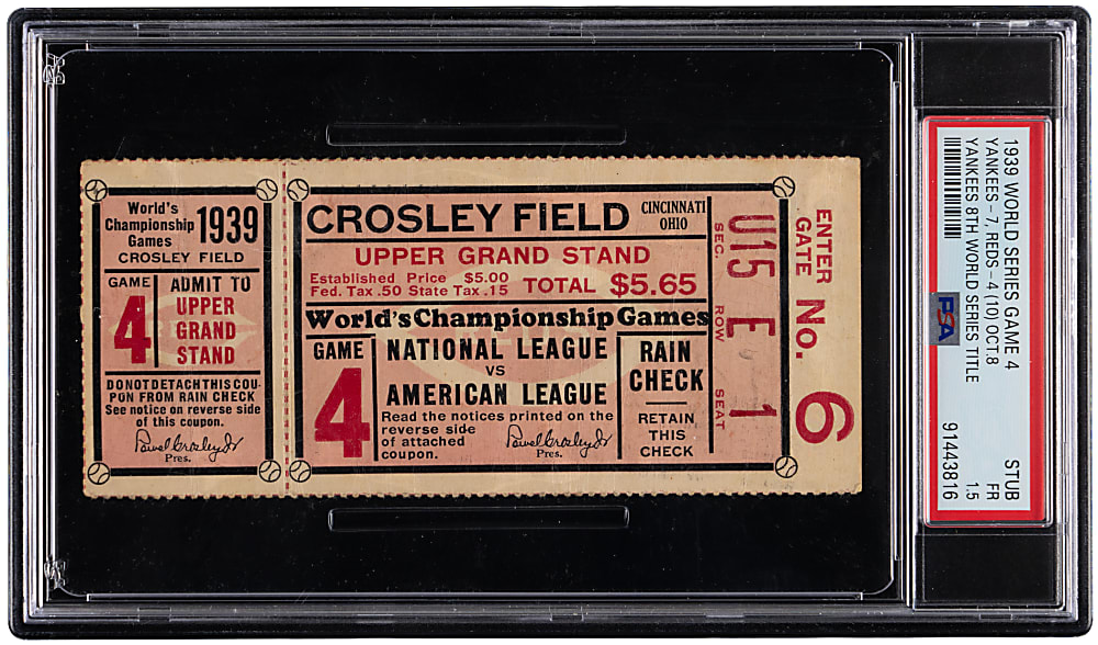 1939 World Series Game 4 New York Yankees vs. Cincinnati Reds Ticket Stub PSA FAIR 1.5 - Yankees Clinch 8th World Series Title!