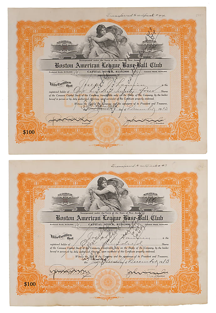 Joseph Lannin Signed 1913 Boston Red Sox Stock Certificates (2) for Transfer Sale to Harry Frazee and Hugh Ward