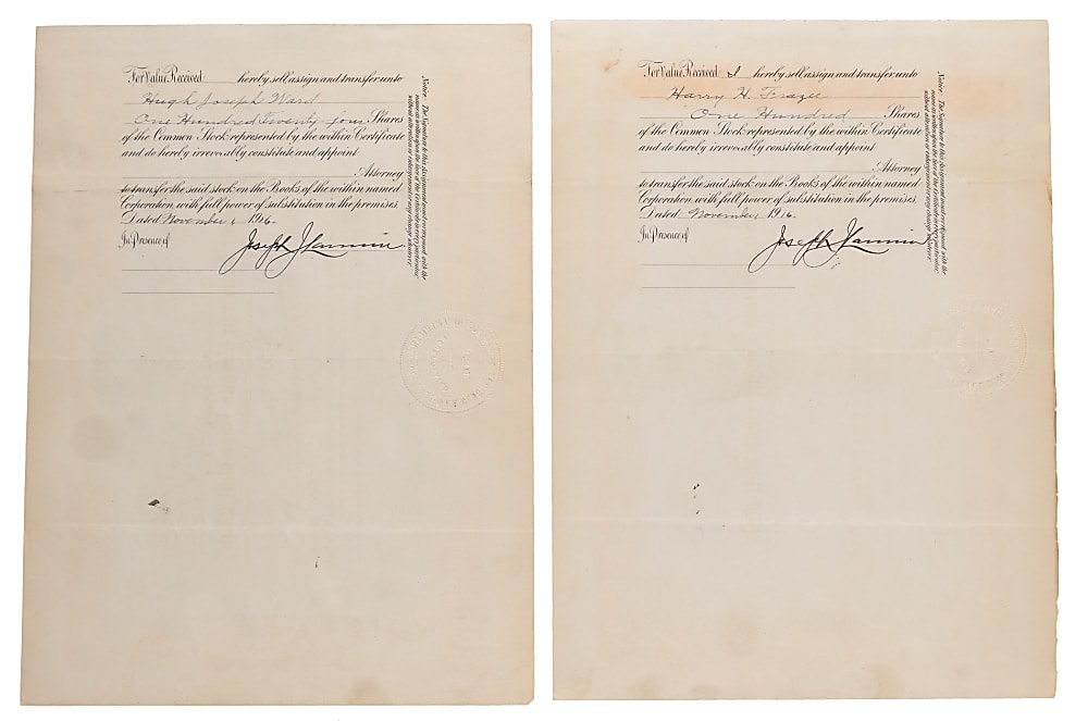 Joseph Lannin Signed 1913 Boston Red Sox Stock Certificates (2) for Transfer Sale to Harry Frazee and Hugh Ward