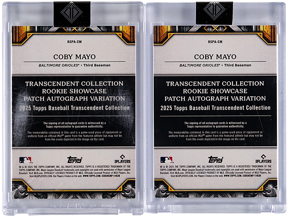 2025 Topps Transcendent Coby Mayo Auto Patch Rookie Pair with #1/1 Laundry Tag