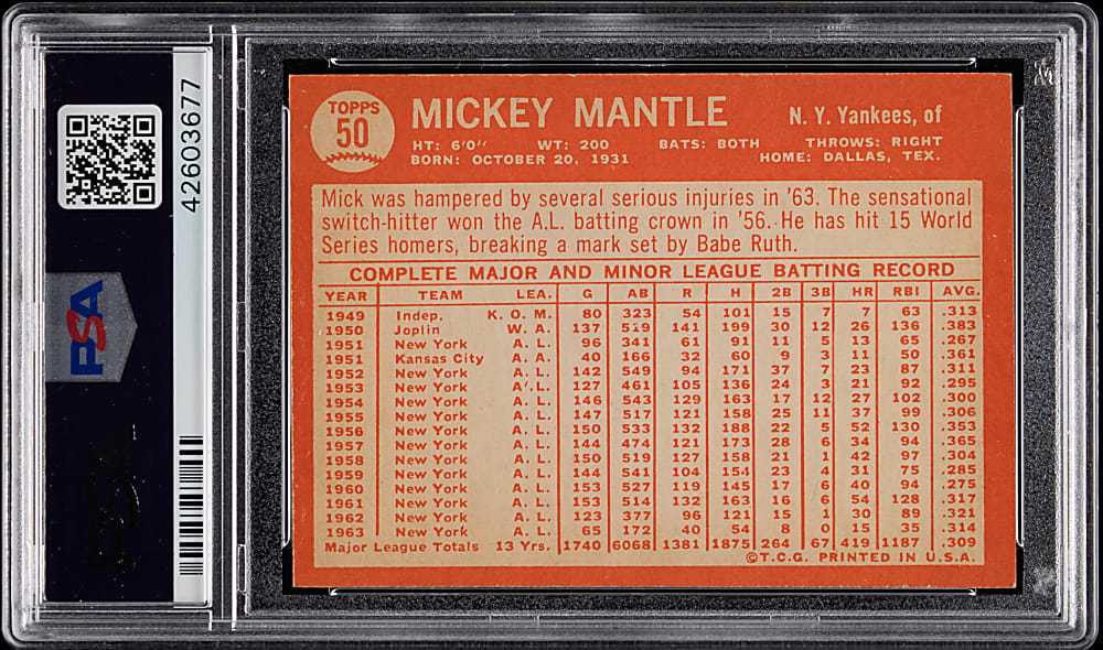 1964 Topps #50 Mickey Mantle PSA EX-MT 6