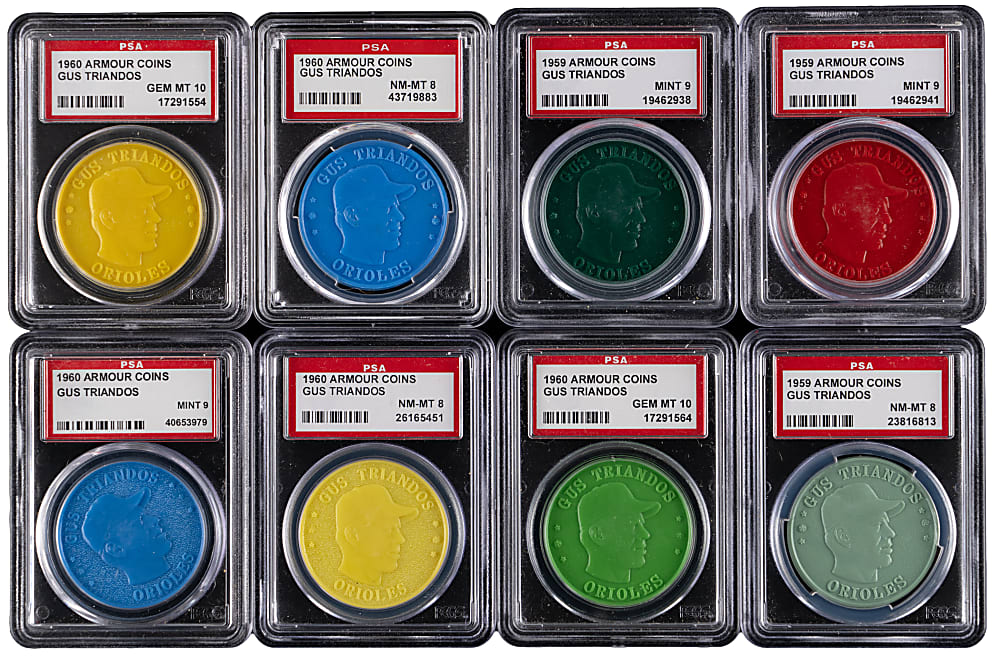 1959 & 1960 Armour Coins Gus Triandos Hoard (27) with (8) PSA Graded Including (2) GEM MINT 10 & Tough Color Variations
