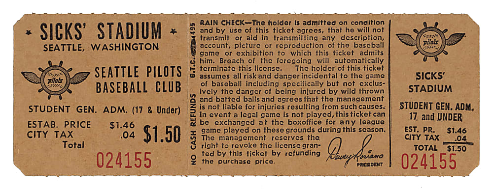 1969 Seattle Pilots Sicks Stadium Full Ticket