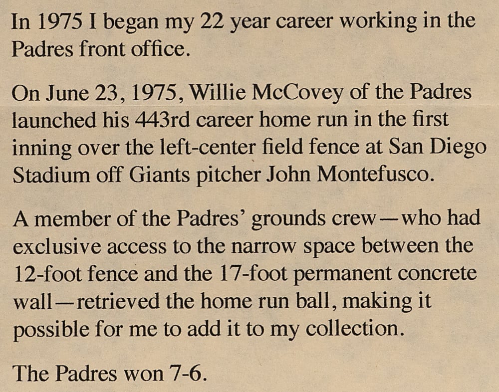 June 23, 1975 Willie McCovey Career Home Run #443 Baseball with Letter of Provenance