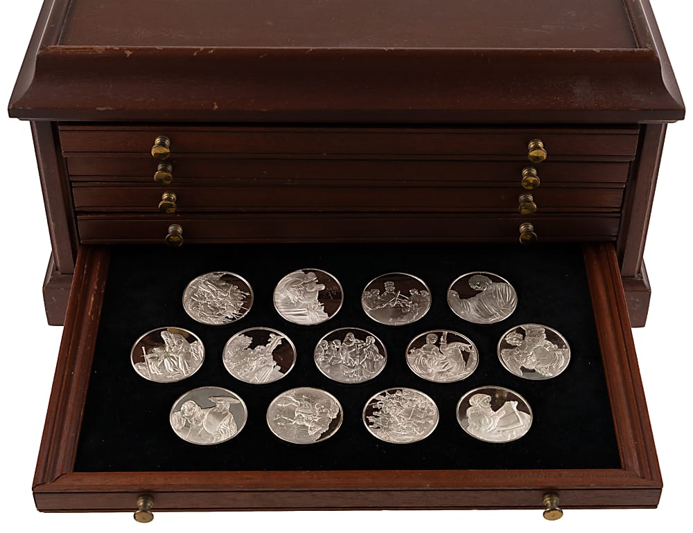 1972-1976 Franklin Mint The Genius of Rembrandt 2.08 Troy Ounce Sterling Silver Proof Medal Set (50) with Display Cabinet - 104 Ounces Sterling Total