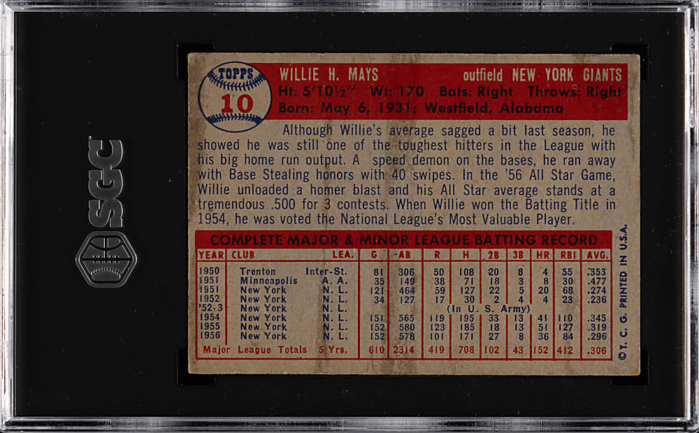 1957 Topps #10 Willie Mays SGC EX 5