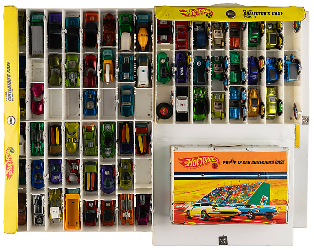 1960s-2000s Mattel Hot Wheels Collection (129) with (100+) Redlines Plus Pop-Up Speed Shop & (4) Carrying Cases