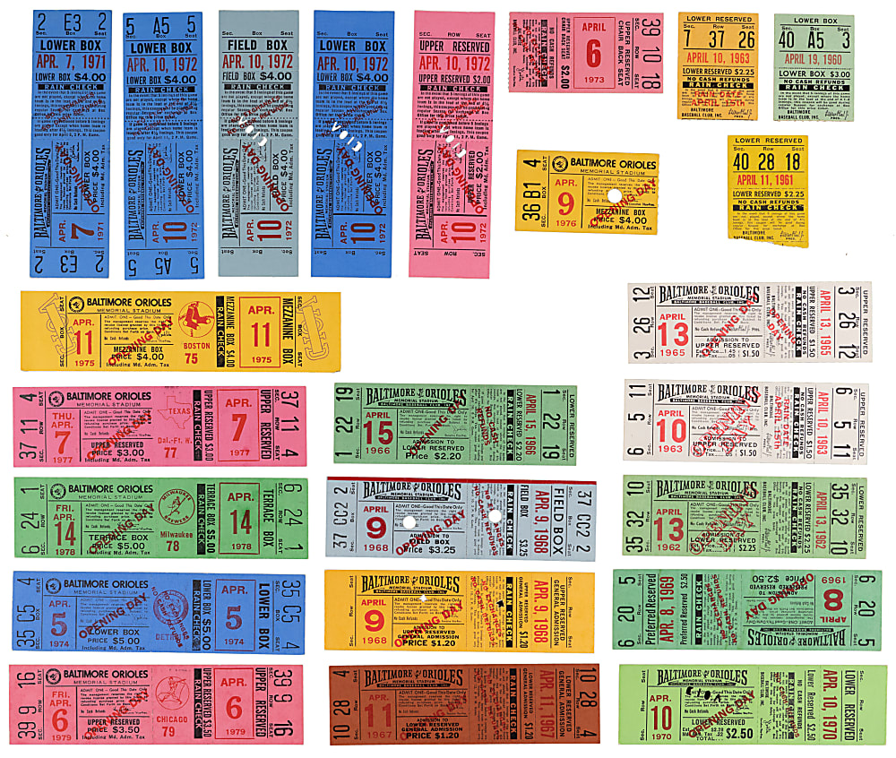 1954-1979 Baltimore Orioles Opening Day Ticket Collection (34) Including Rod Carew Debut Full Ticket, 1954 First Season & Several Specials