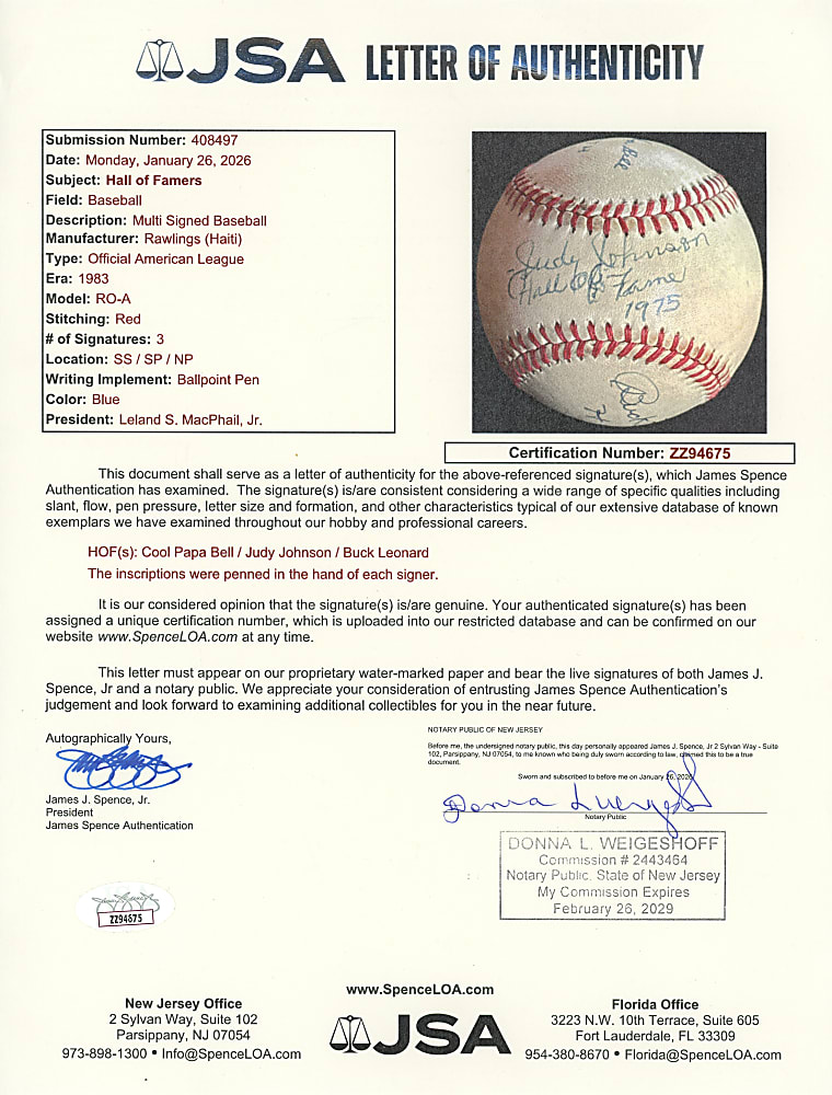 "Cool Papa" Bell, Judy Johnson & Buck Leonard Multi-Signed OAL/MacPhail Baseball - Each with Hall of Fame Inscriptions Plus Full JSA LOA